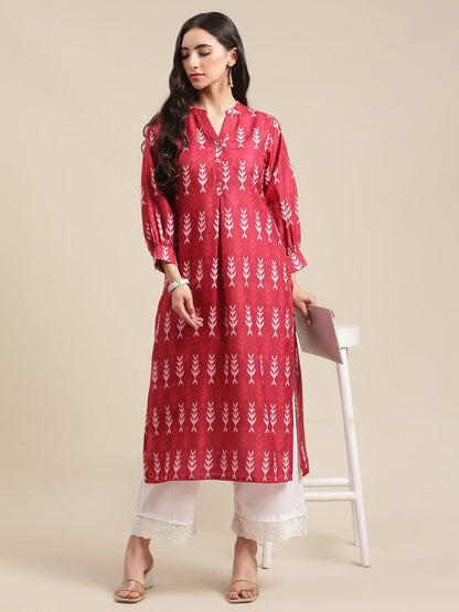 Women's Rust Ikat Printed straight kurta with white shifflie palazzo