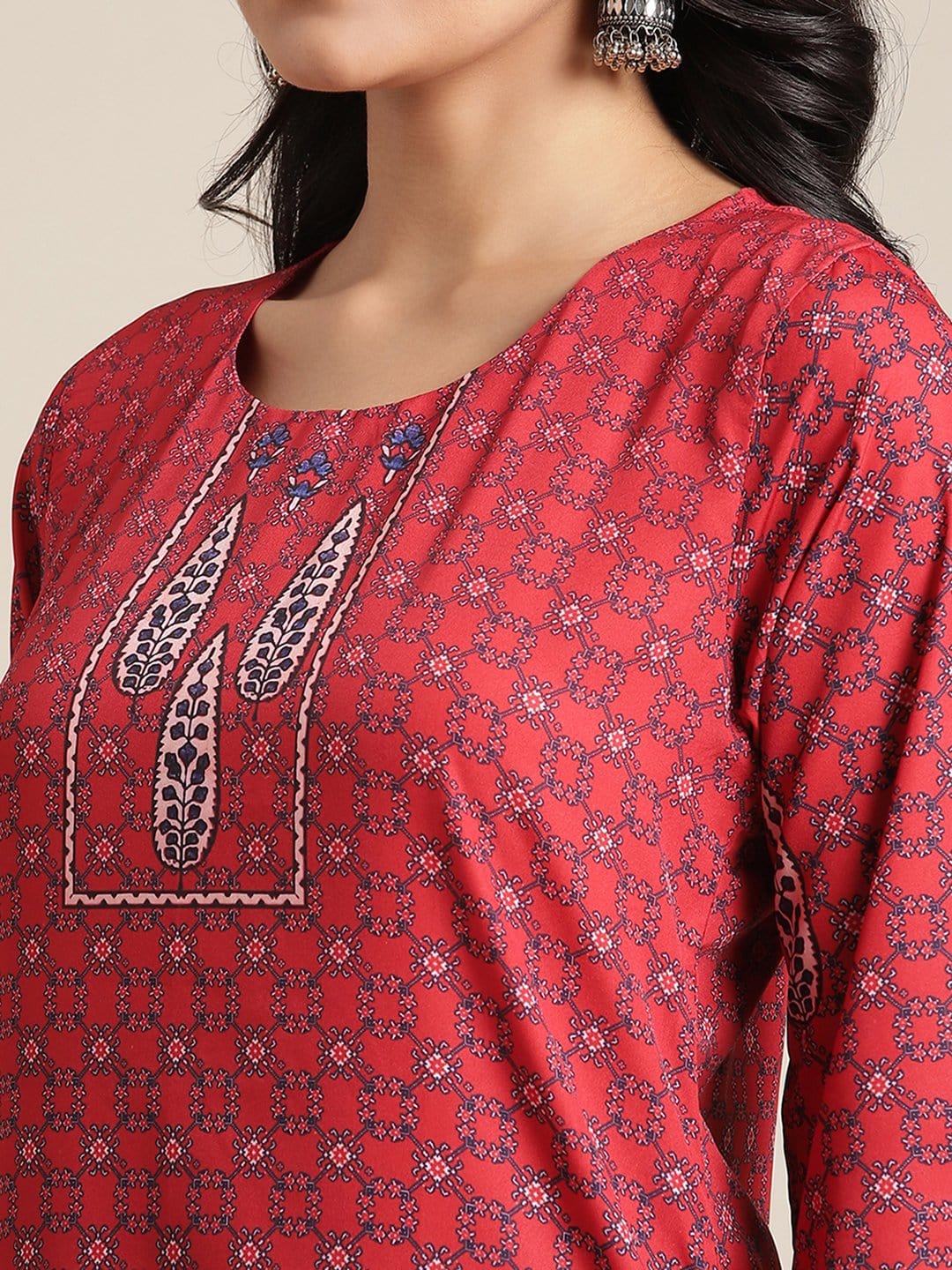 Women's KSUT Red And Blue Floral Printed Straight Kurta With 3/4Th Sleeves