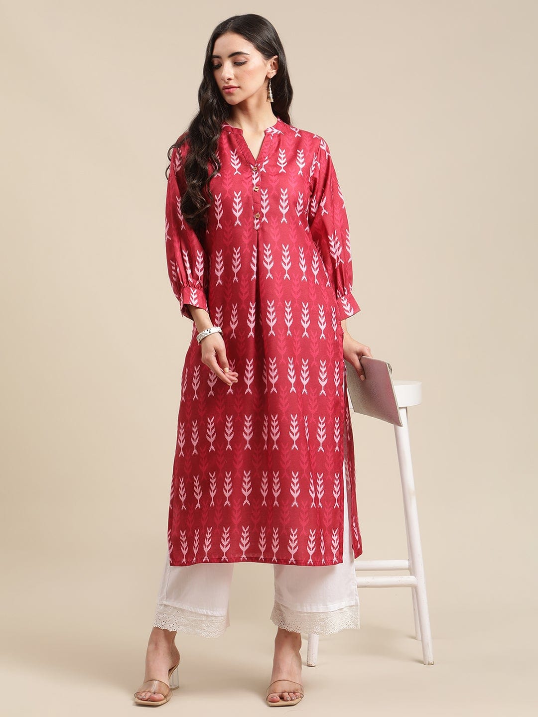 Women's Rust Ikat Printed Kurta With Puffed Sleeves