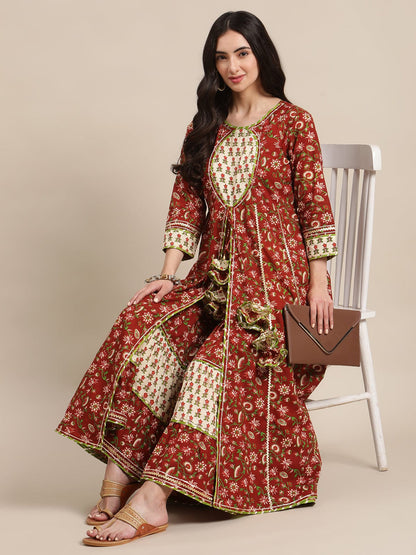 Women's Brown Floral Printed Front Open Anarkali Kurta Sharara Set
