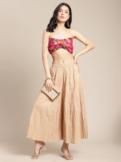 Women's Beige Flared Crushed Palazzo