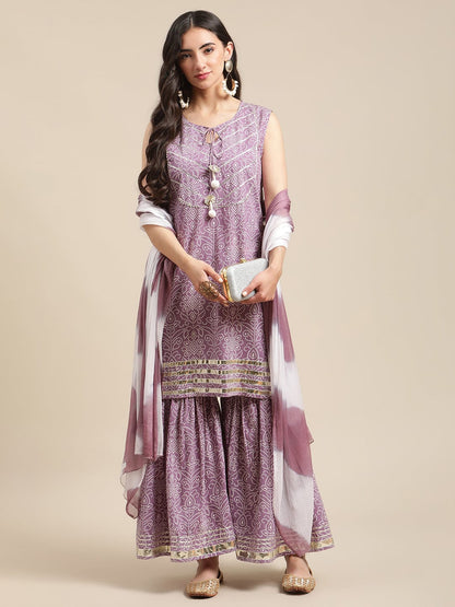 Women's Lavender Bandhej Kurta Sharara Set With Tye And Dye Dupatta And Heavy Gota Embellishment