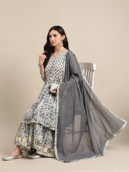 Women's White And Blue Floral Printed Anraklai Kurta Sharara Set With Stripe Dupatta