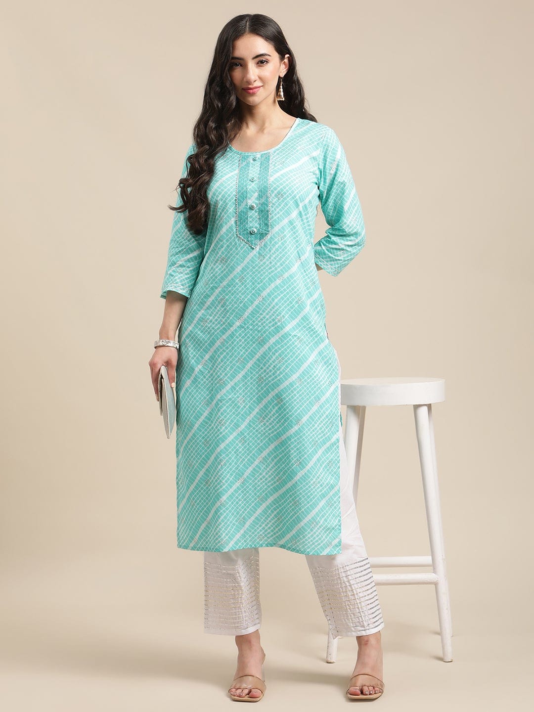 Women's Blue And White Leheriya Striped Kurta With Gota And Thread Embroidery On Yoke