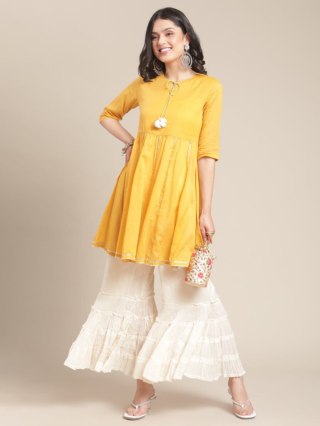 Women's Mustard Gota Embellished Short Kurta With Off White Tear Sharara