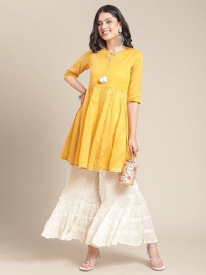 Women's Mustard Gota Embellished Short Kurta With Off White Tear Sharara