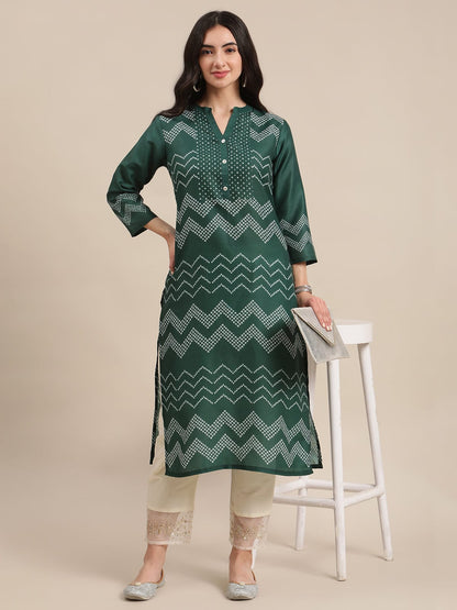 Women's Green And Bandhej Mandarin Collar Straight Kurta