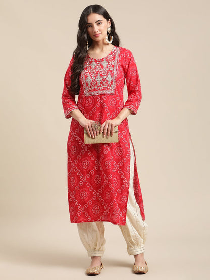 Women's Red And White Bandhej Printed Zari Embroidered Straight Kurta