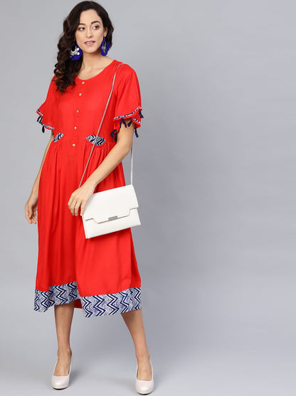 Women's Red Cotton Solid Ballon Sleeve Round Neck Dress