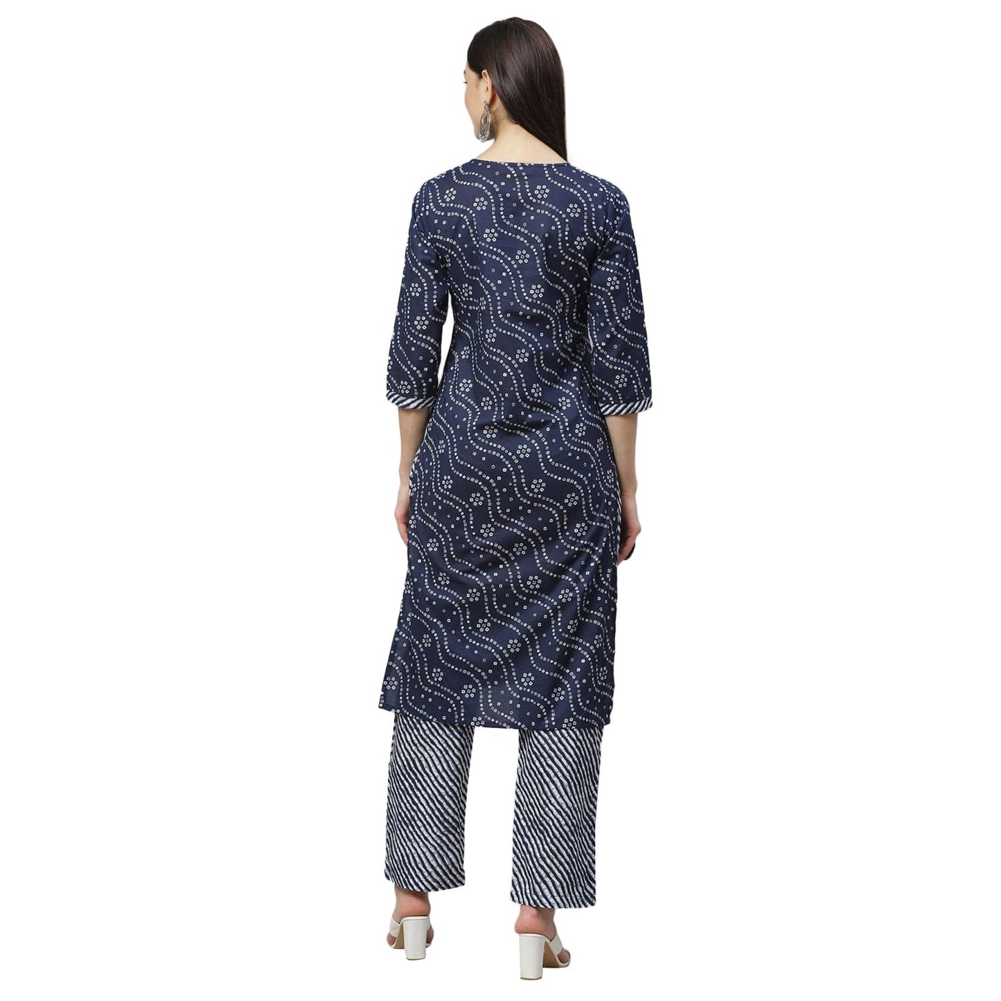 Women's Navy Blue Cotton Printed 3/4 Sleeve Round Neck Casual Kurta Palazzo Set