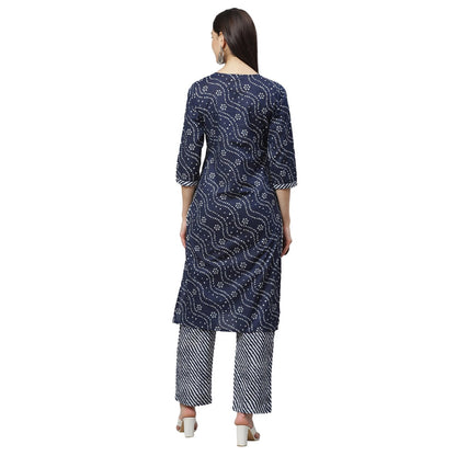 Women's Navy Blue Cotton Printed 3/4 Sleeve Round Neck Casual Kurta Palazzo Set