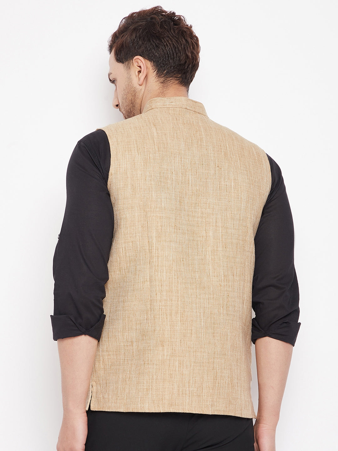 Men's Beige Color Woven Nehru Jacket