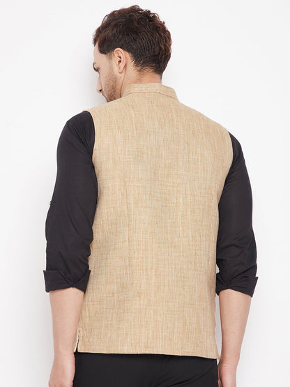 Men's Beige Color Woven Nehru Jacket