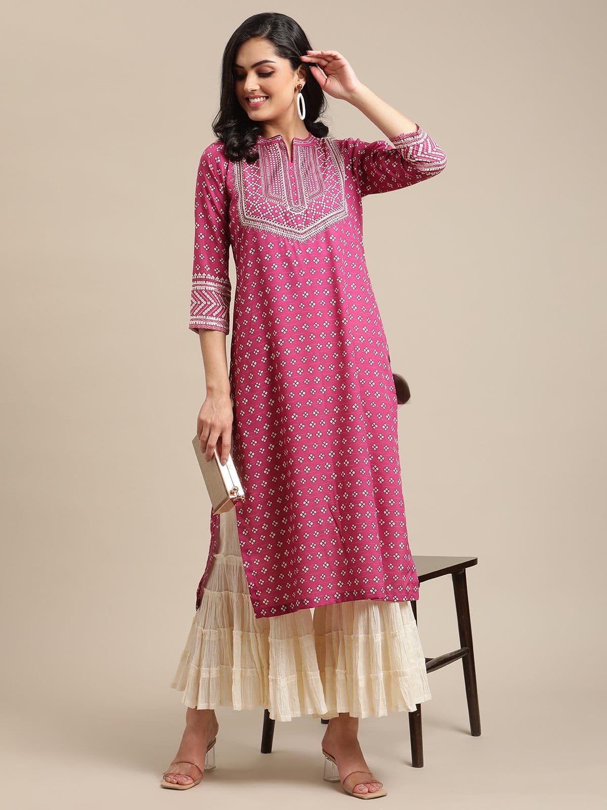 Women's Wine Bandhej Printed Kurta With Pink Cord Pipen Detailing
