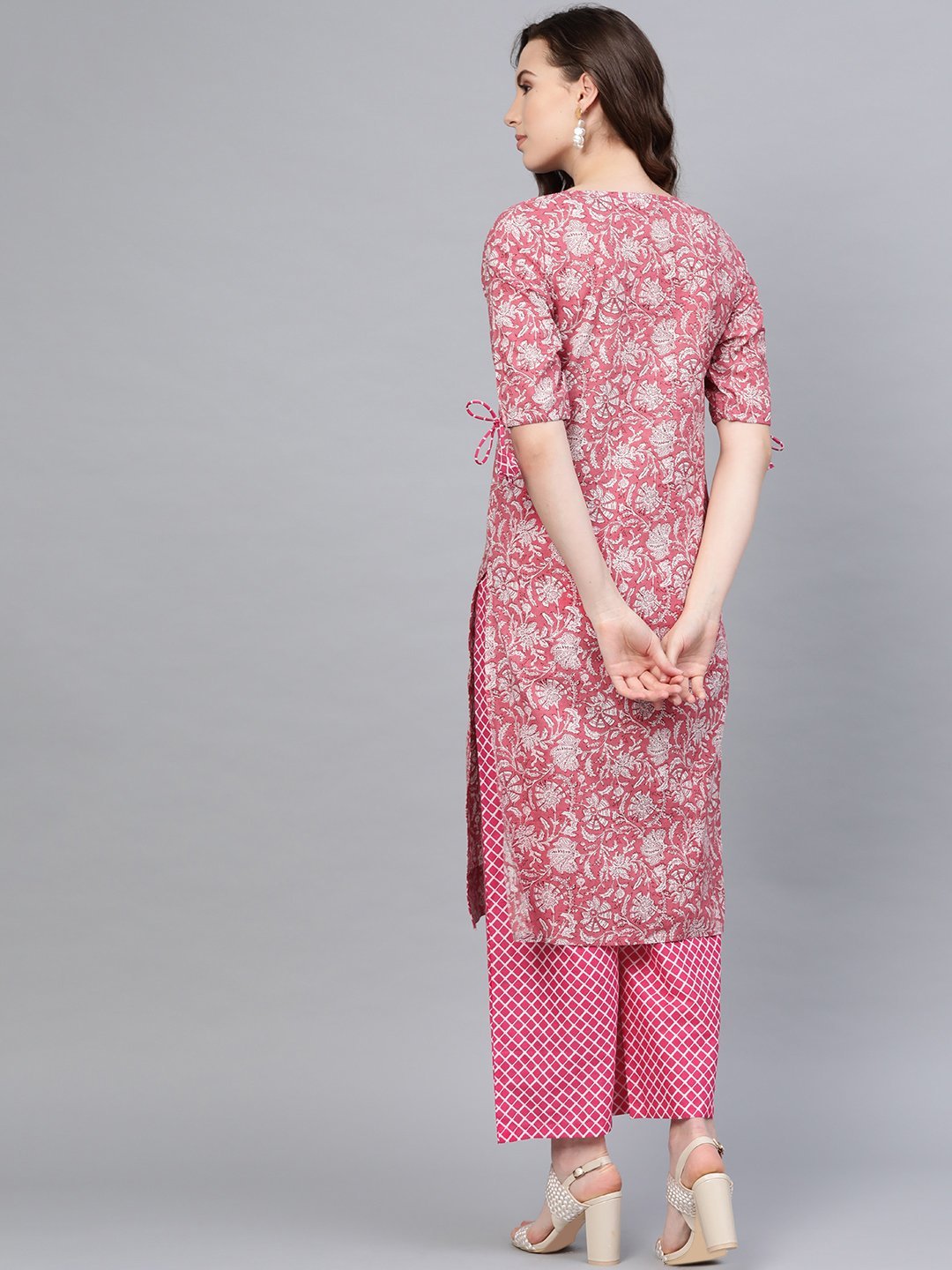 Women's Pink Cotton Printed Half Sleeve Round Neck Casual Kurta Palazzo Set