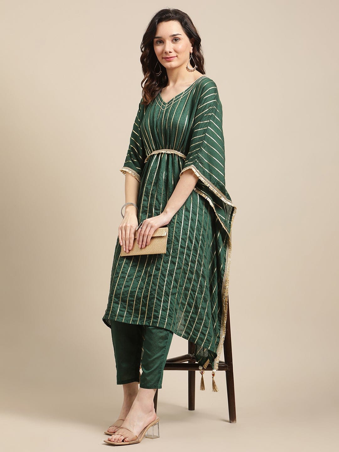 Women's Green Gold Lurex Striped Kurta Kaftan With Straight Trouser