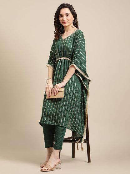 Women's Green Gold Lurex Striped Kurta Kaftan With Straight Trouser
