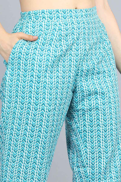 Women's Turquoise Blue Ethnic Motifs Printed Cotton Kurta With Pants Dupatta
