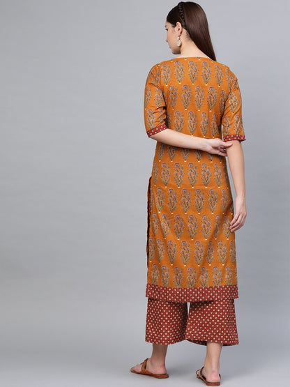 Women Mustard Cotton Printed Kurta Palazzo Set by Myshka (