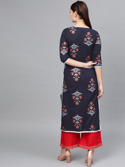 Women's Multi Cotton Printed Half Sleeve Round Neck Casual Kurta Palazzo Set