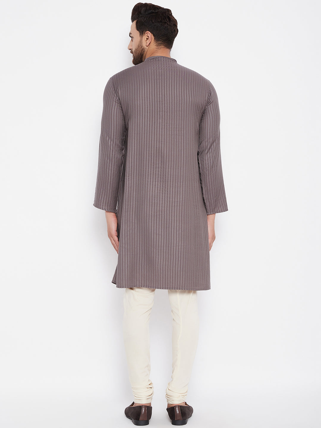 Men's Striped Straight Grey Kurta