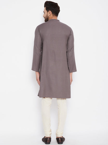 Men's Striped Straight Grey Kurta