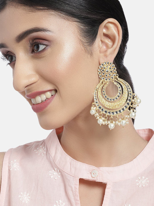 Women's  High Gold Matt Finish Plated Alloy Chandbali Kundan And Pearl Meenakari  Earrings