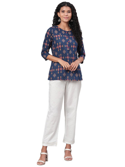 Women Navy Blue Printed Cotton Top by Myshka