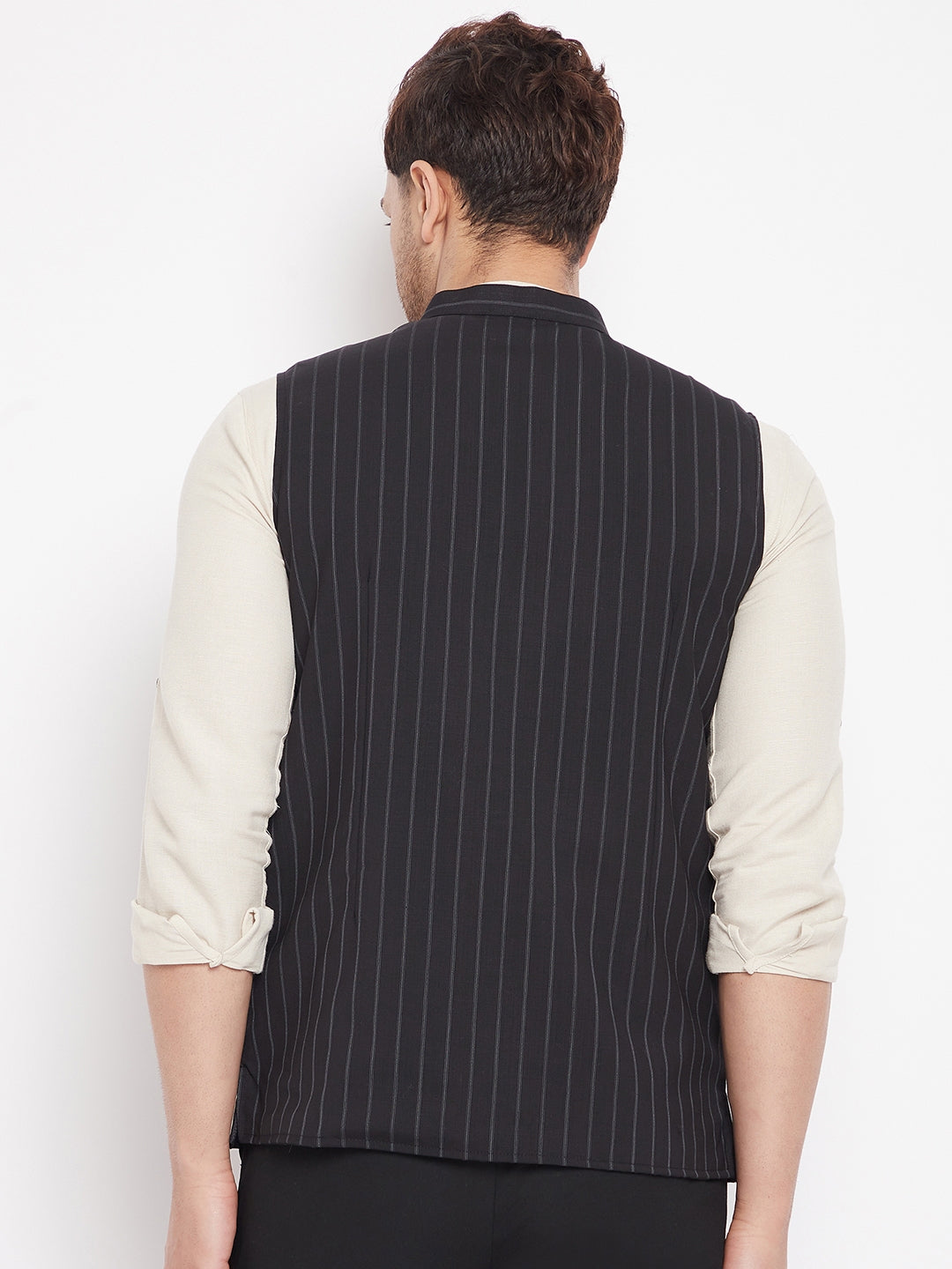 Men's Black Color Woven Nehru Jacket