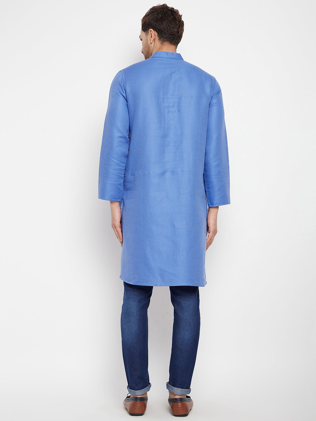 Men's Blue Color Long Kurta with Band Collar