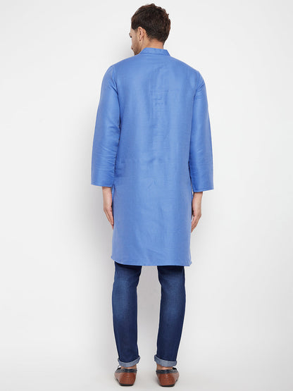 Men's Blue Color Long Kurta with Band Collar