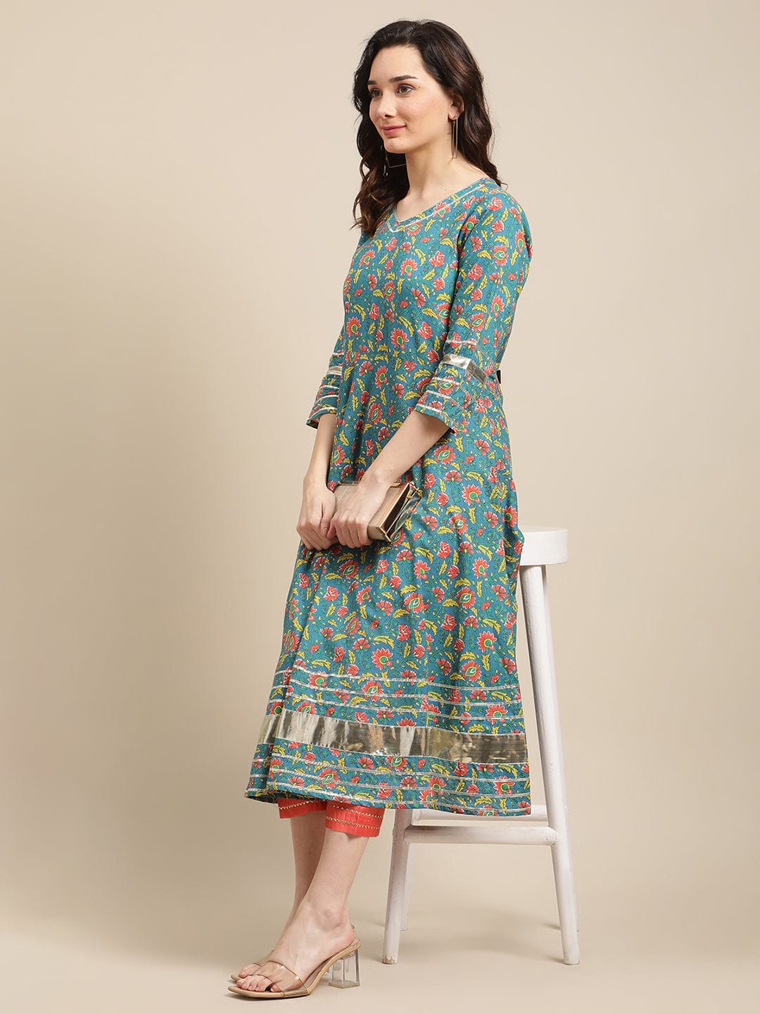 Women's Green And Pink Floral Printed Heavy Gota Emebellished Anarkali Kurta