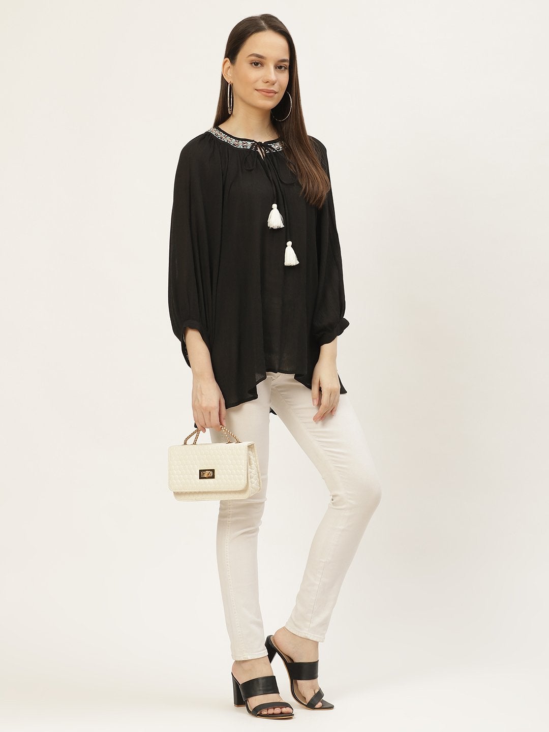 Women's Black Rayon Crepe Embroided Top (1pc)