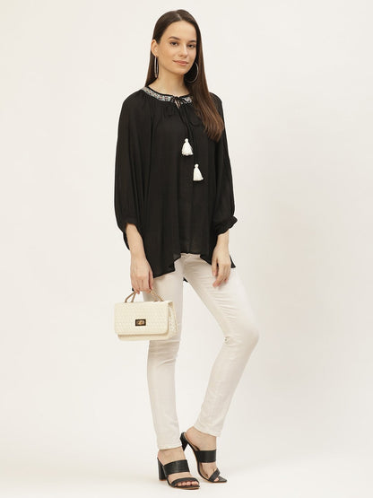 Women's Black Rayon Crepe Embroided Top (1pc)