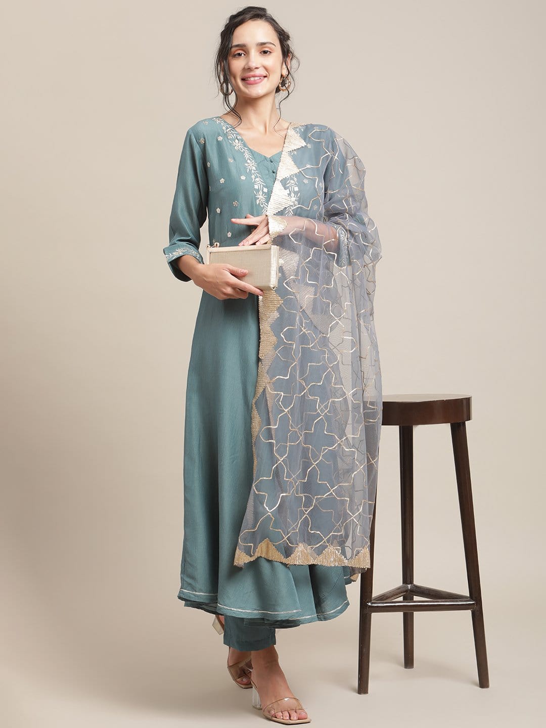 Women's Teal Color Embroidered Circulared Flared Kurta With 3/4Th Sleeves And  Paired With Trouser And Gota Embroidered Dupatta