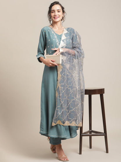 Women's Teal Color Embroidered Circulared Flared Kurta With 3/4Th Sleeves And  Paired With Trouser And Gota Embroidered Dupatta