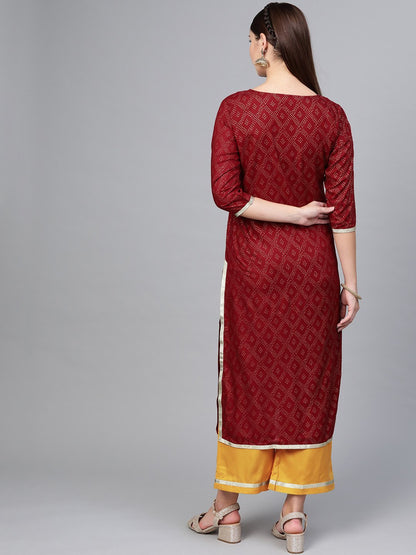 Women's Maroon Cotton Printed Half Sleeve Round Neck Casual Kurta Palazzo Set