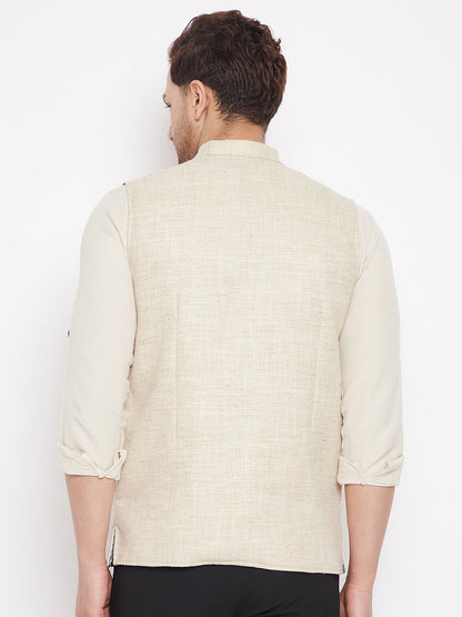 Men's Beige Color Woven Nehru Jacket