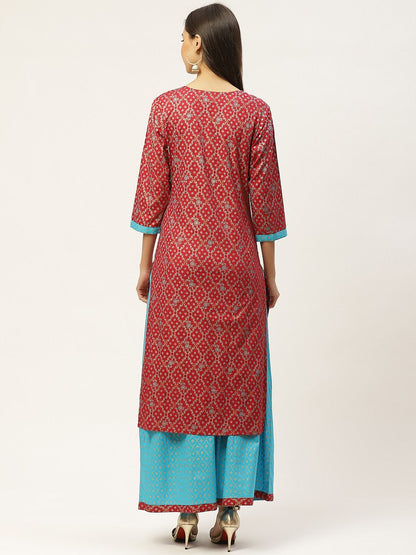 Women's Red & Blue Ethnic Motifs Hand Printed Kurta with Skirt