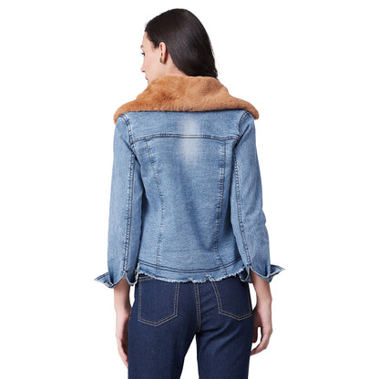 Women's Distressed Denim Jacket with Detachable Brown Fur Collar