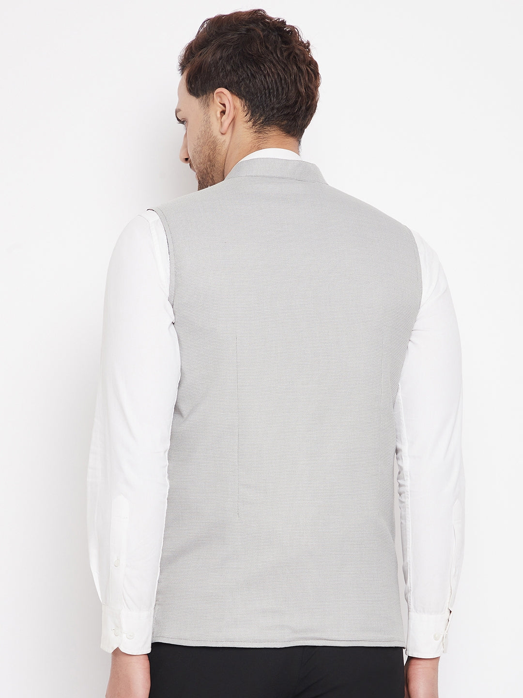 Men's Grey Color Nehru Jacket-Contrast Lining-Free Pocket Square