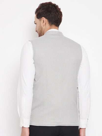 Men's Grey Color Nehru Jacket-Contrast Lining-Free Pocket Square