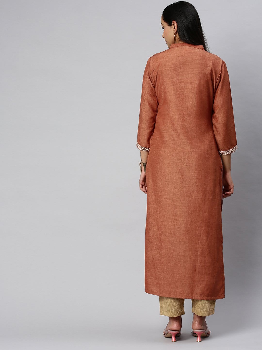 Women's KSUT Rust And Cream Mirror Work Embroidery Yoke Kurta With 3/4Th Sleeves