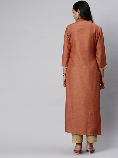 Women's KSUT Rust And Cream Mirror Work Embroidery Yoke Kurta With 3/4Th Sleeves