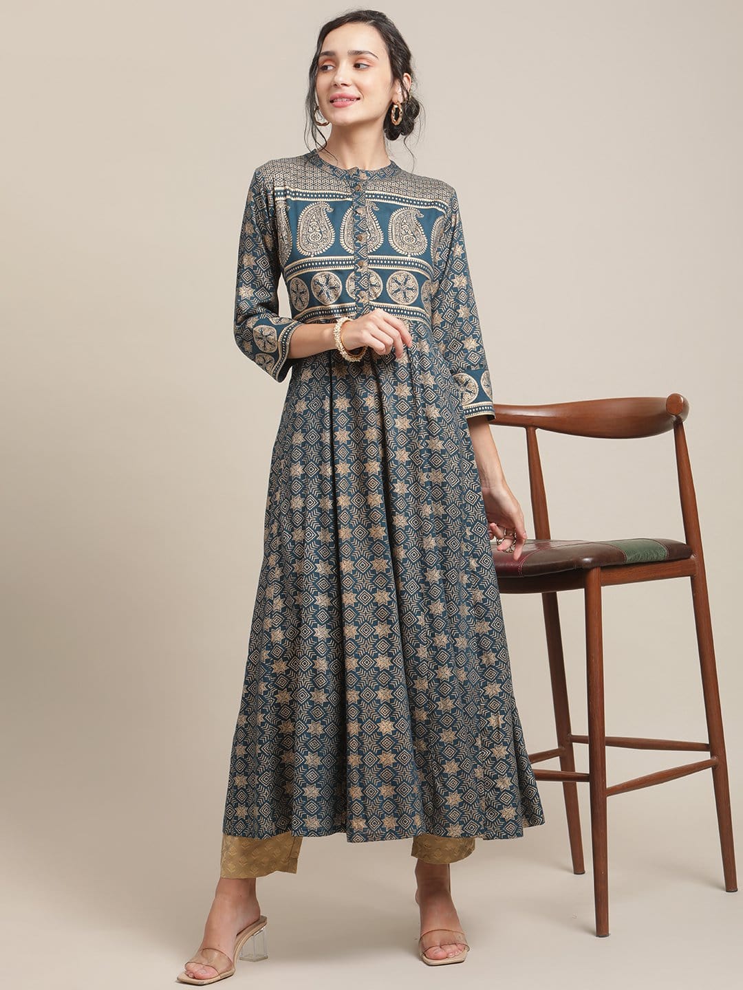 Women's Teal And Gold Printed Flared Anarakali Kurta