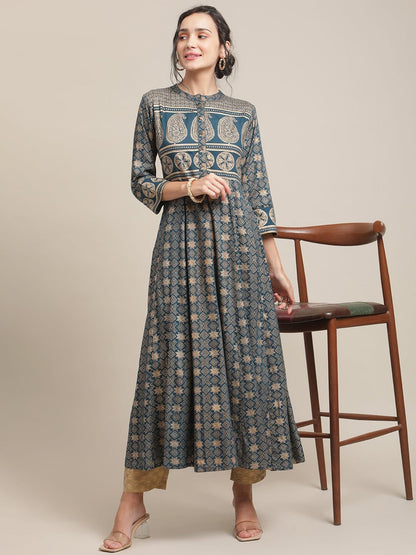 Women's Teal And Gold Printed Flared Anarakali Kurta