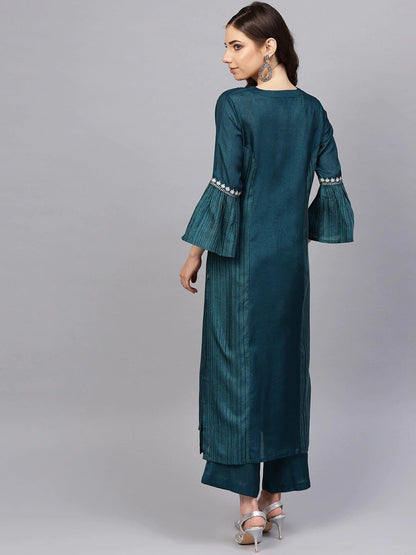 Women's Teal Embroidered Straight Kurta with Palazzos