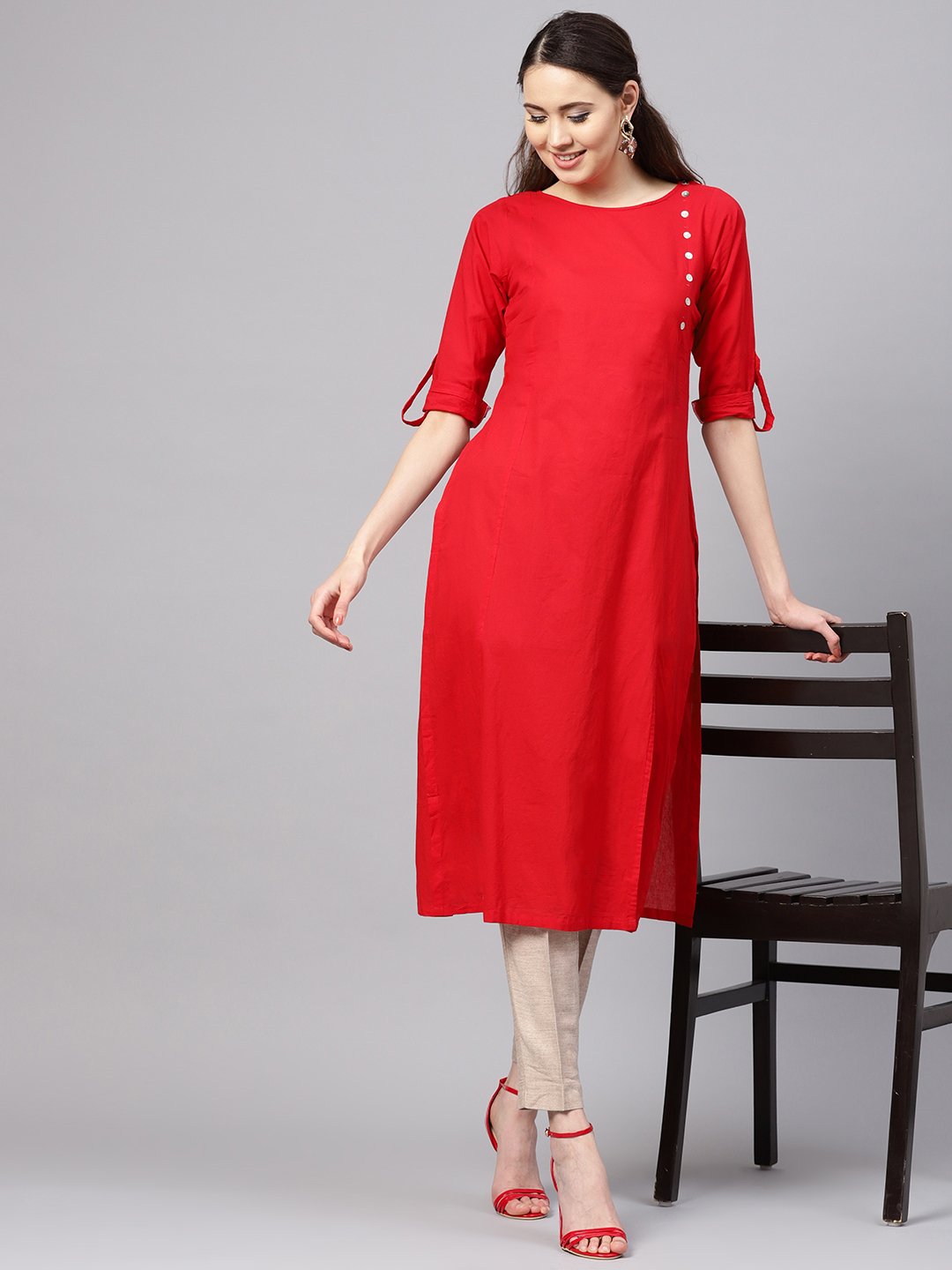 Women's White Cotton Solid 3/4 Sleeve Round Neck Casual Kurta Only