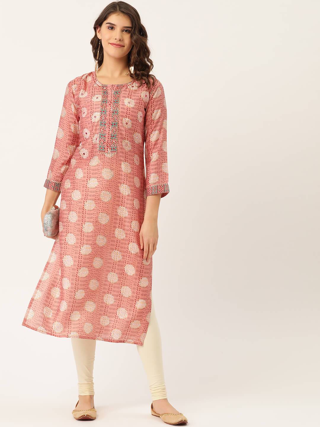 Women's Rayon Printed & Handwork Mirror detailing Yoke Kurta