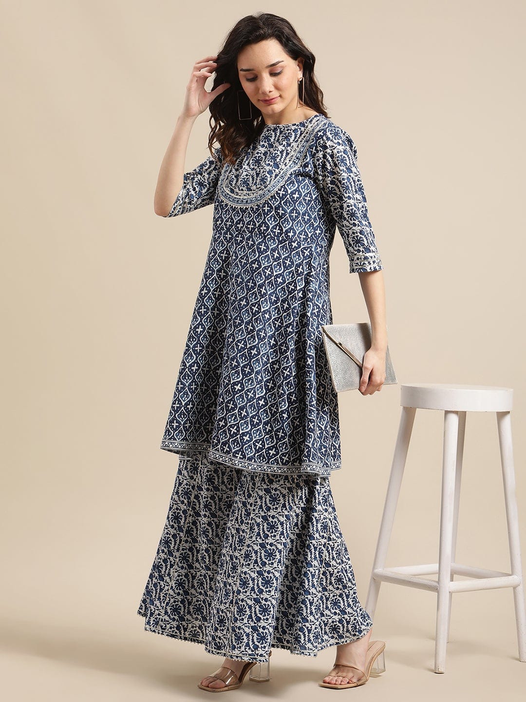 Women's Indigo And White Floral Printed Flared Kurta Sharara Set